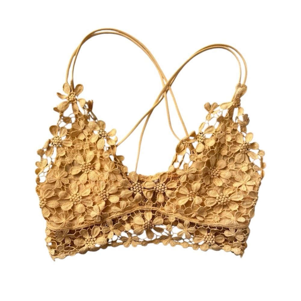Free People Intimately Yellow Floral Lace Crocheted Bralette | Size Small